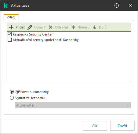 Okno se seznamem zdrojů aktualizací. Uživatel může přidat zdroje aktualizací a přiřadit zdroji prioritu.