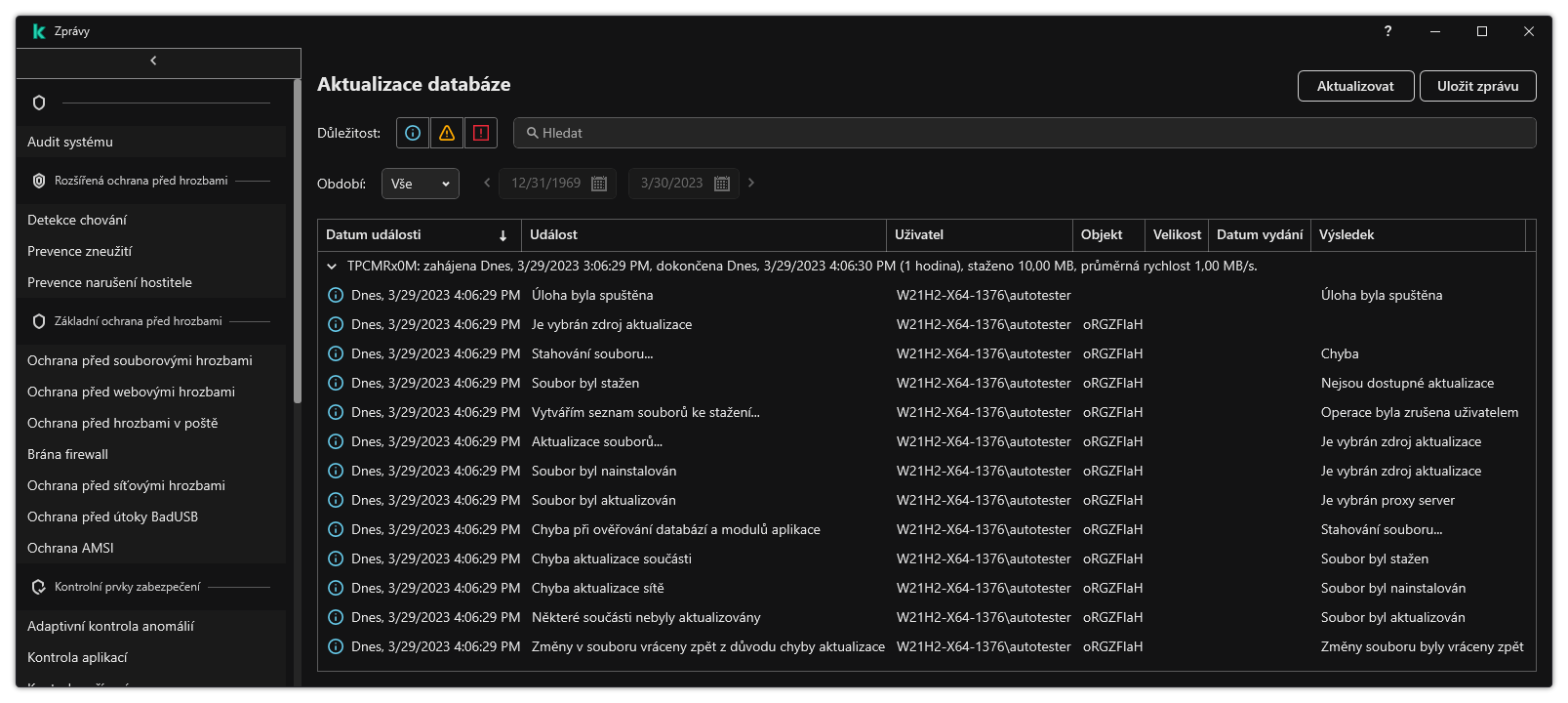 Okno se seznamem událostí ve zprávě. Uživatel může filtrovat/třídit události a ukládat zprávy do souboru.