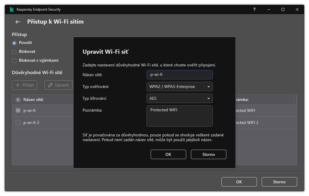 Okno obsahuje nastavení důvěryhodné Wi-Fi sítě.