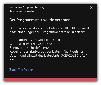 Benachrichtigung über den blockierten Start einer App. Der Benutzer kann eine Anfrage zum Starten der App erstellen.