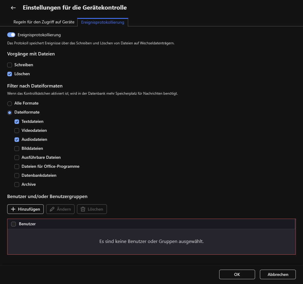 Das Konfigurationsfenster für die Protokollierung von Ereignissen, die sich auf die Verwendung von Wechseldatenträgern beziehen. Der Benutzer kann die zu protokollierenden Ereignisse auswählen.
