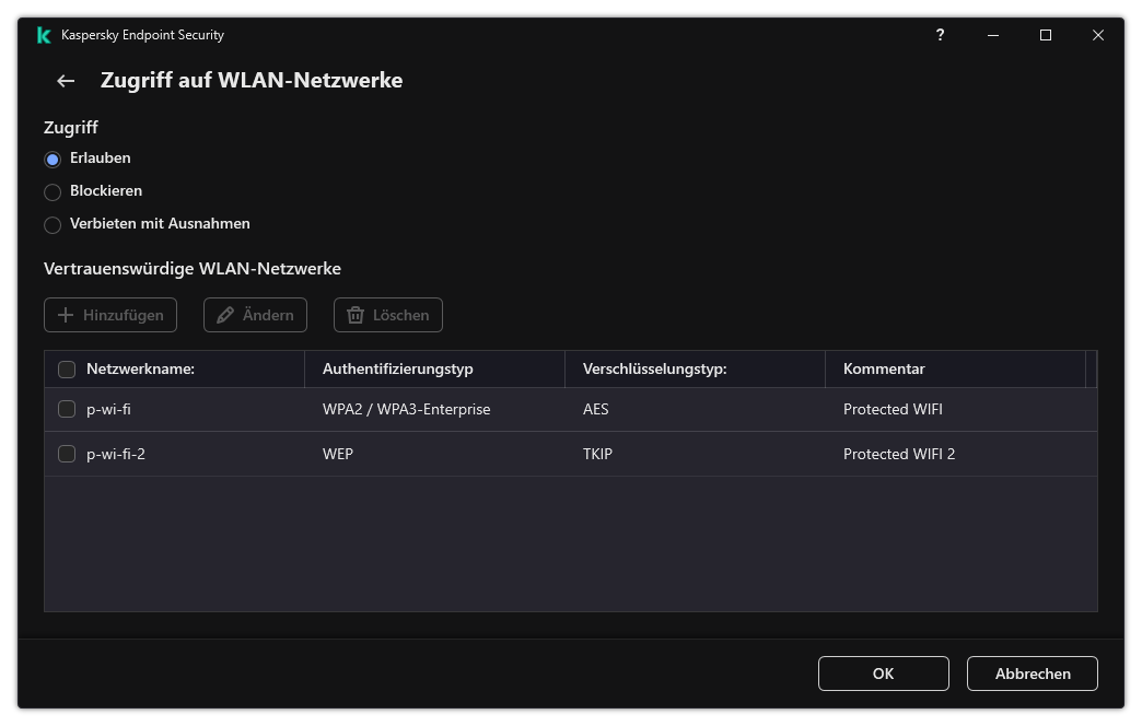 Fenster mit einer Liste der WLAN-Netzwerke. Der Benutzer kann den Zugriff auf alle WLAN-Netzwerke konfigurieren und vertrauenswürdige WLAN-Netzwerke hinzufügen.