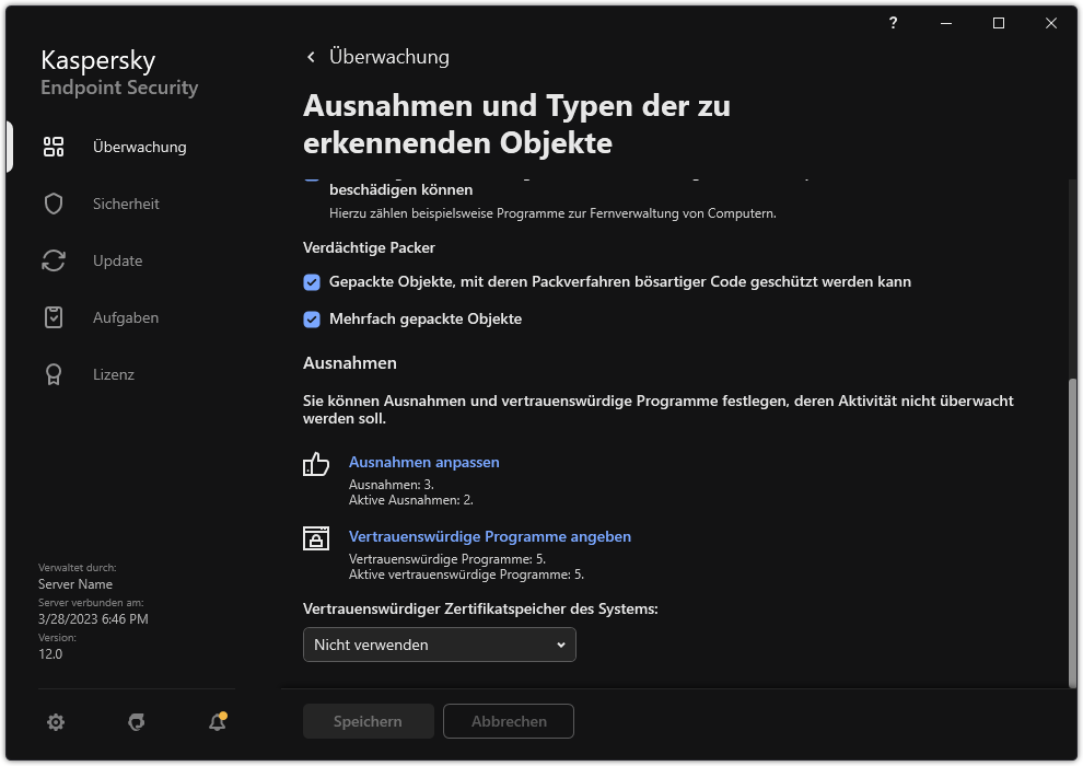 Fenster mit Einstellungen für Ausnahmen. Der Benutzer kann Ausnahmen und vertrauenswürdige Apps hinzufügen.