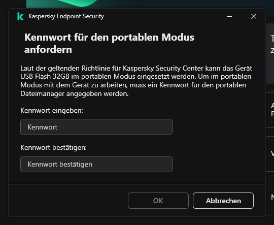 Das Fenster enthält Felder zur Eingabe und Bestätigung des Kennworts.