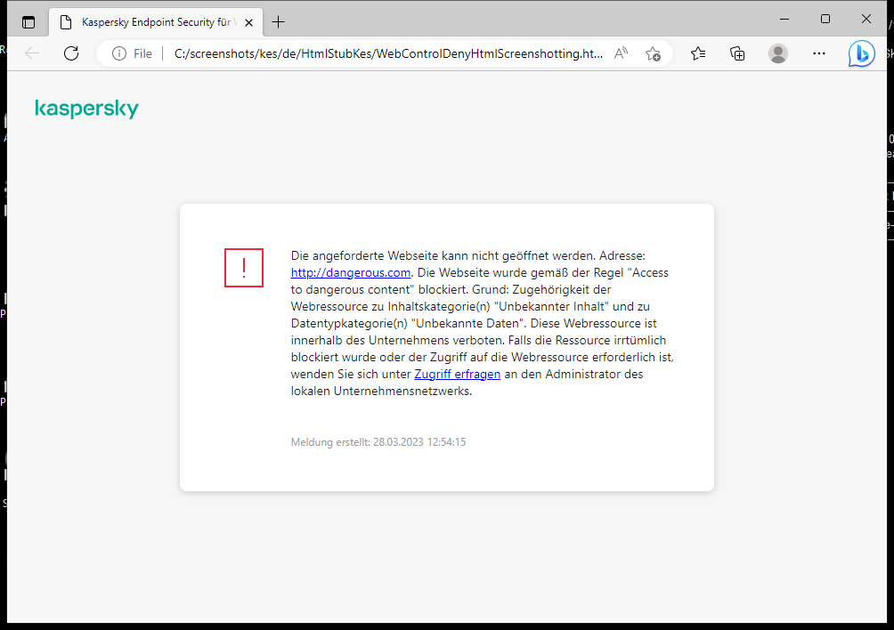 Kaspersky-Benachrichtigung: Blockieren des Zugriffs auf die Webseite im Browserfenster. Der Benutzer kann eine Zugriffsanfrage für die Webressource erstellen.