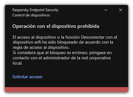 Notificación sobre una conexión wifi bloqueada. El usuario puede crear una solicitud para conectarse a la red wifi.