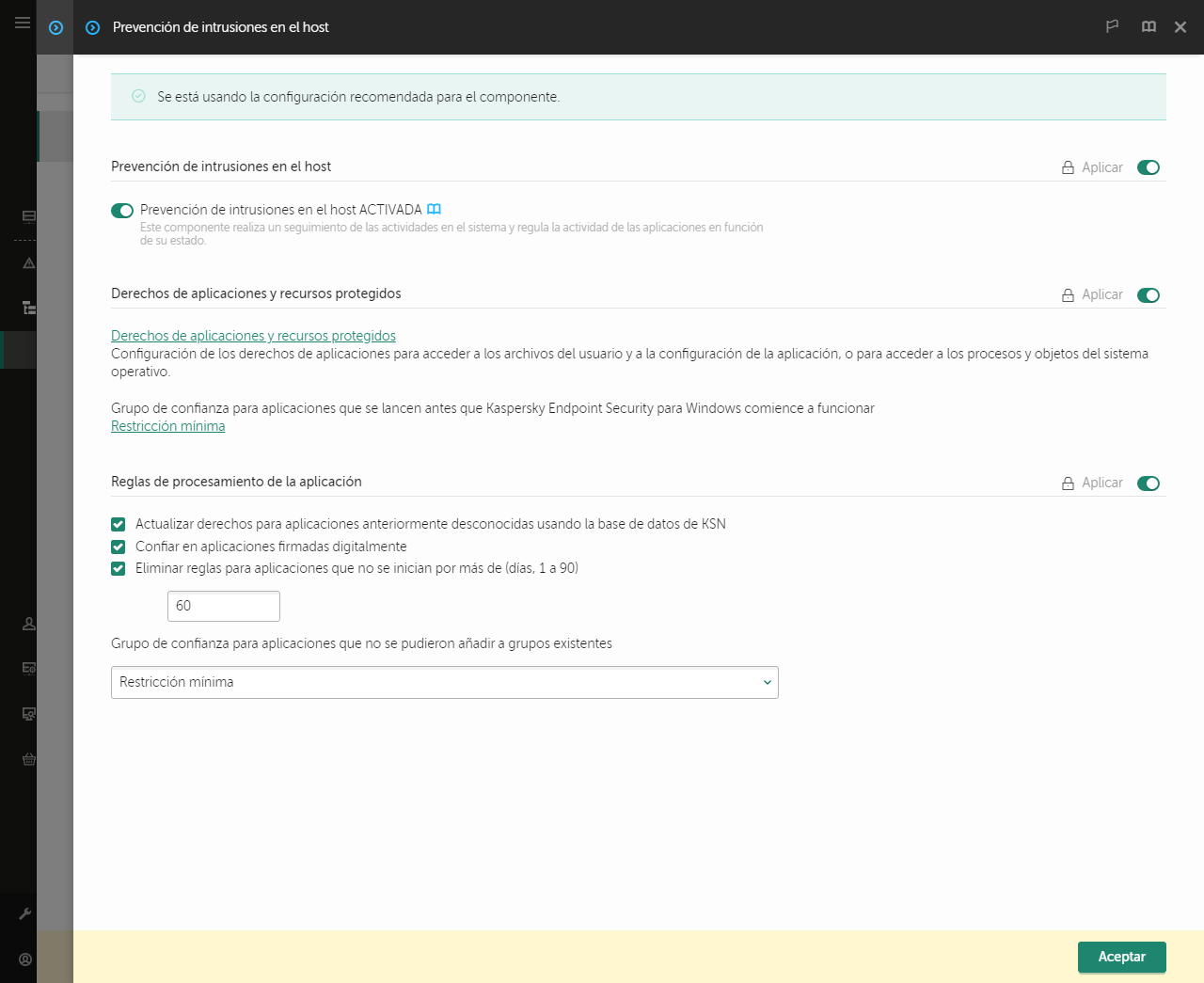 Ventana Configuración de Prevención de intrusiones.