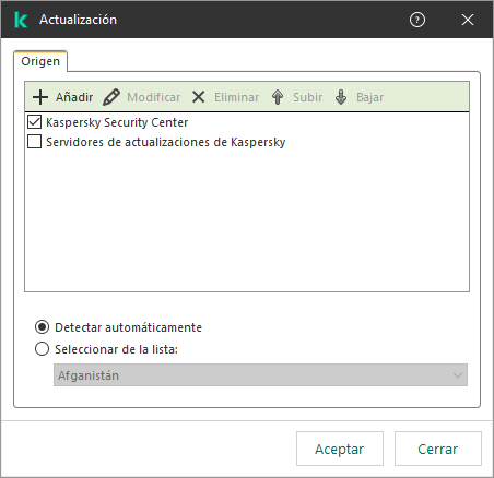 Una ventana con la lista de fuentes de actualización. El usuario puede agregar fuentes de actualización y asignar una prioridad a la fuente.