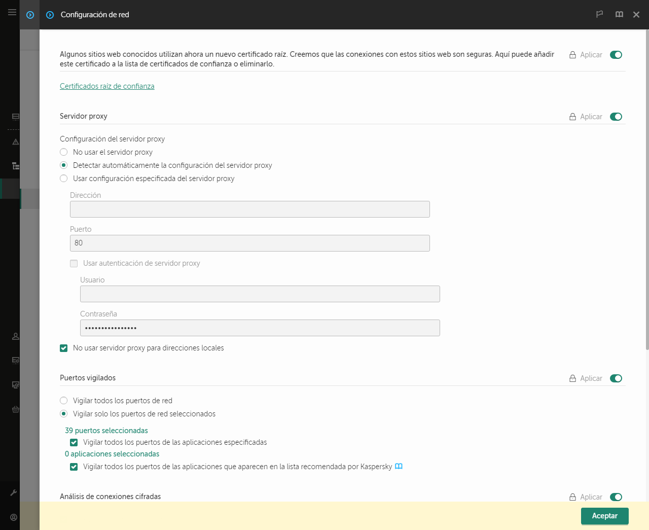 Ventana de configuración de red de la aplicación. El usuario puede configurar los ajustes del servidor proxy.