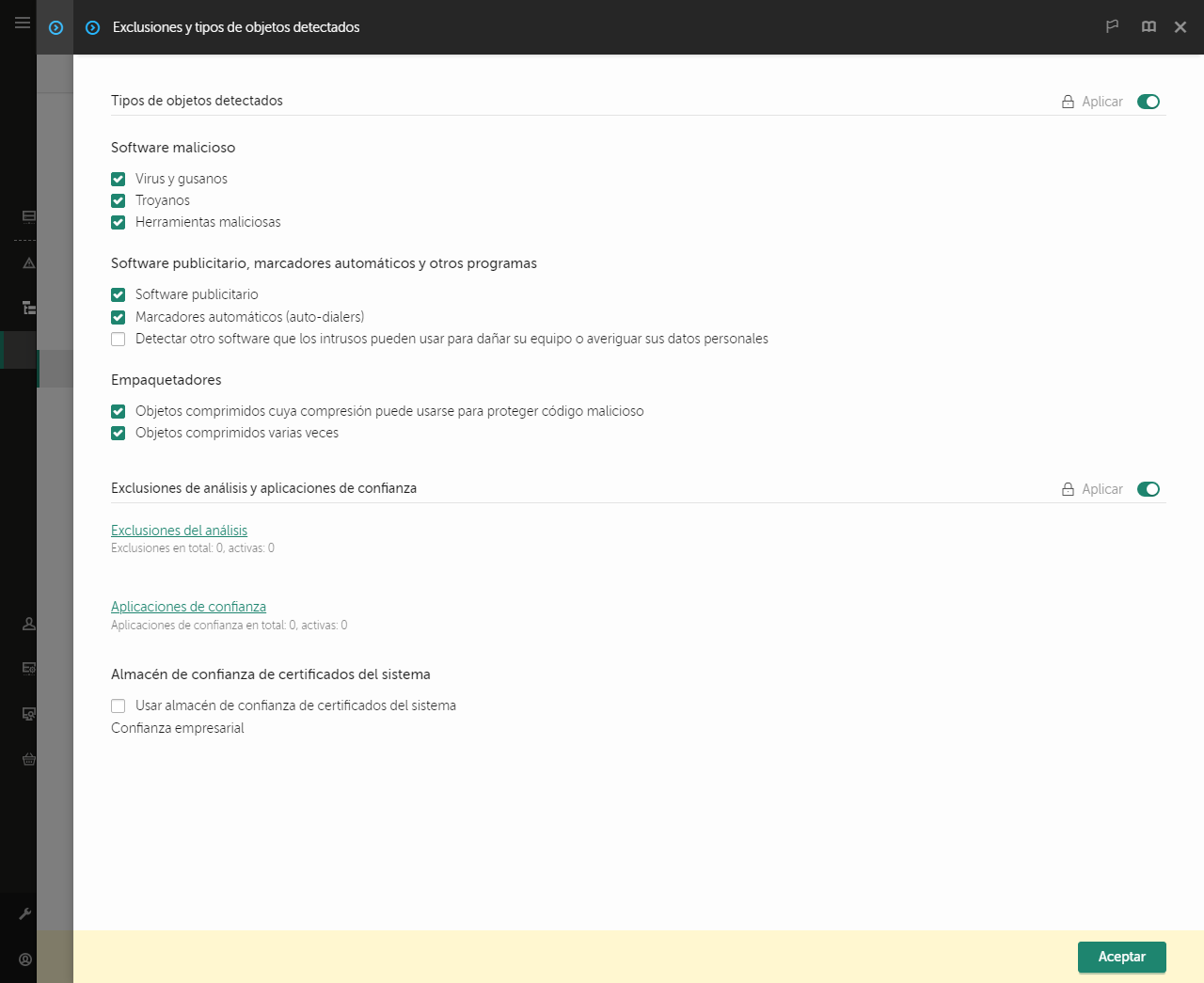 Ventana de configuración de exclusiones. El usuario puede añadir exclusiones y aplicaciones de confianza.