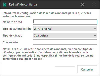 La ventana contiene la configuración de la red wifi de confianza.