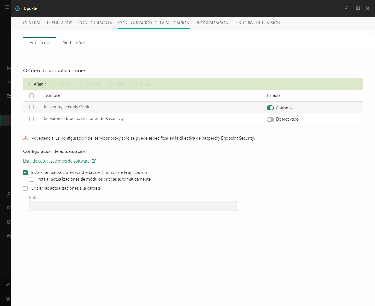Una ventana con la lista de fuentes de actualización. El usuario puede agregar fuentes de actualización y asignar una prioridad a la fuente.