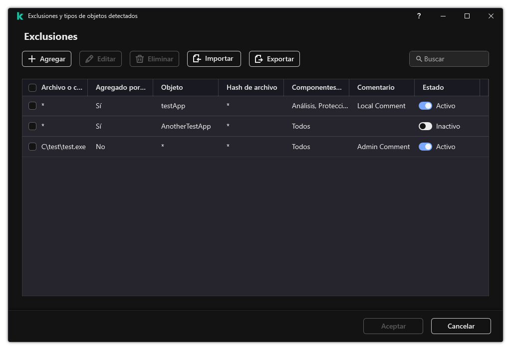 Una ventana con la lista de exclusiones. Se muestran las propiedades de exclusión. El usuario puede agregar, editar o eliminar exclusiones.