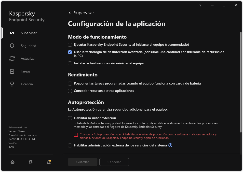 Ventana de Configuración de las aplicaciones. El usuario puede configurar el rendimiento, la autoprotección y otras opciones.