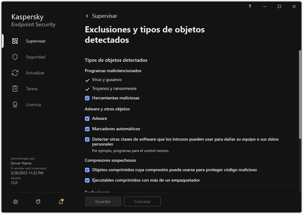 Ventana Configuración de exclusiones. El usuario puede seleccionar tipos de objetos detectados y agregar objetos a exclusiones.