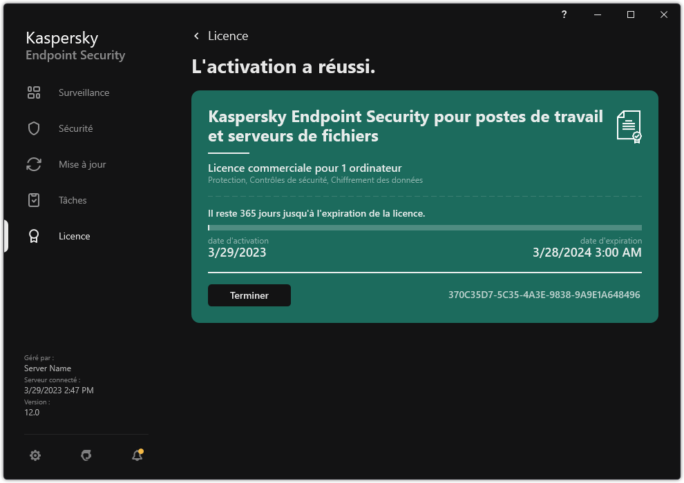 La fenêtre contient des informations sur la licence : date d'expiration, fonctions disponibles et autres informations.