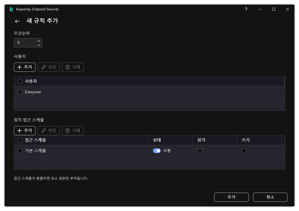 장치 제어 규칙 구성 창. 사용자가 규칙의 우선 순위를 지정하거나 규칙에 사용자를 추가하거나 규칙 일정을 설정할 수 있습니다.