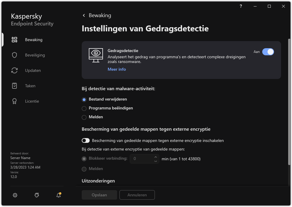 Venster Instellingen van Gedragsdetectie