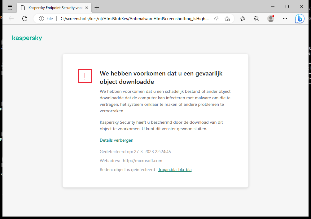 Kaspersky-melding over het voorkomen dat kwaadaardig object wordt geladen in het browservenster.
