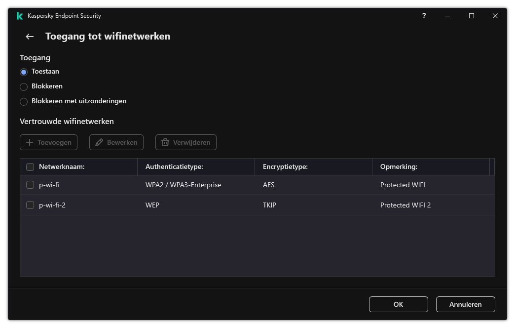 Een venster met een lijst met wifinetwerken. De gebruiker kan de toegang tot alle Wi-Fi-netwerken configureren en vertrouwde wifinetwerken toevoegen.