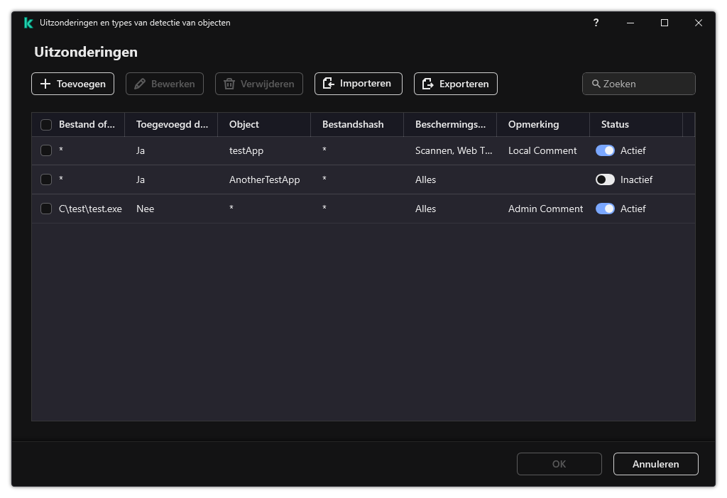 Een venster met de lijst met uitzonderingen. Uitzonderingseigenschappen worden weergegeven. De gebruiker kan uitzonderingen toevoegen, bewerken of verwijderen.
