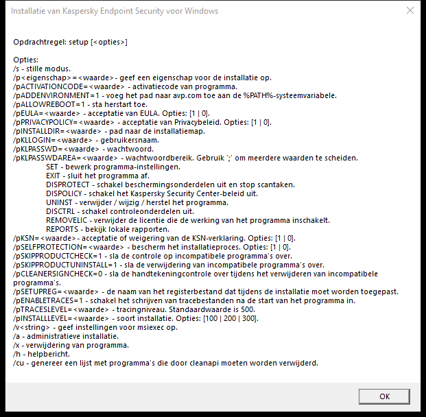 Knopinfo-venster met een beschrijving van de opdrachtopties om het programma via CMD te installeren.