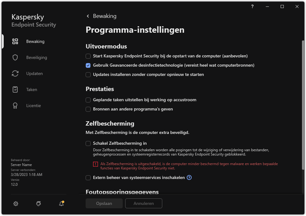 Venster programma-instellingen. De gebruiker kan prestaties, zelfverdediging en andere instellingen configureren.