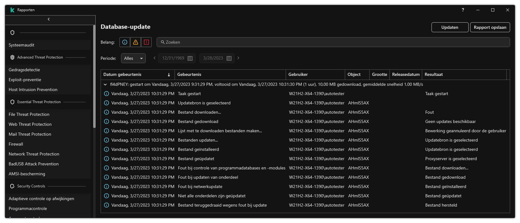Een venster met de lijst van evenementen in het rapport. De gebruiker kan gebeurtenissen filteren/sorteren en rapporten opslaan in een bestand.