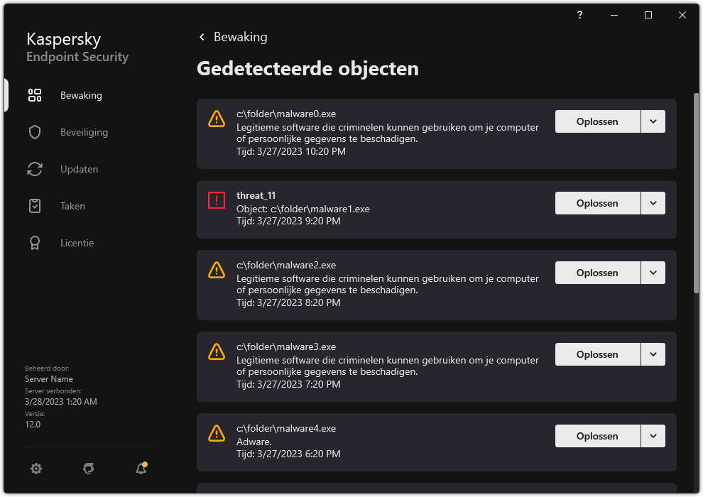 Een venster met de lijst met gedetecteerde objecten. Er wordt informatie over het object weergegeven. De gebruiker kan het object oplossen of verwijderen.