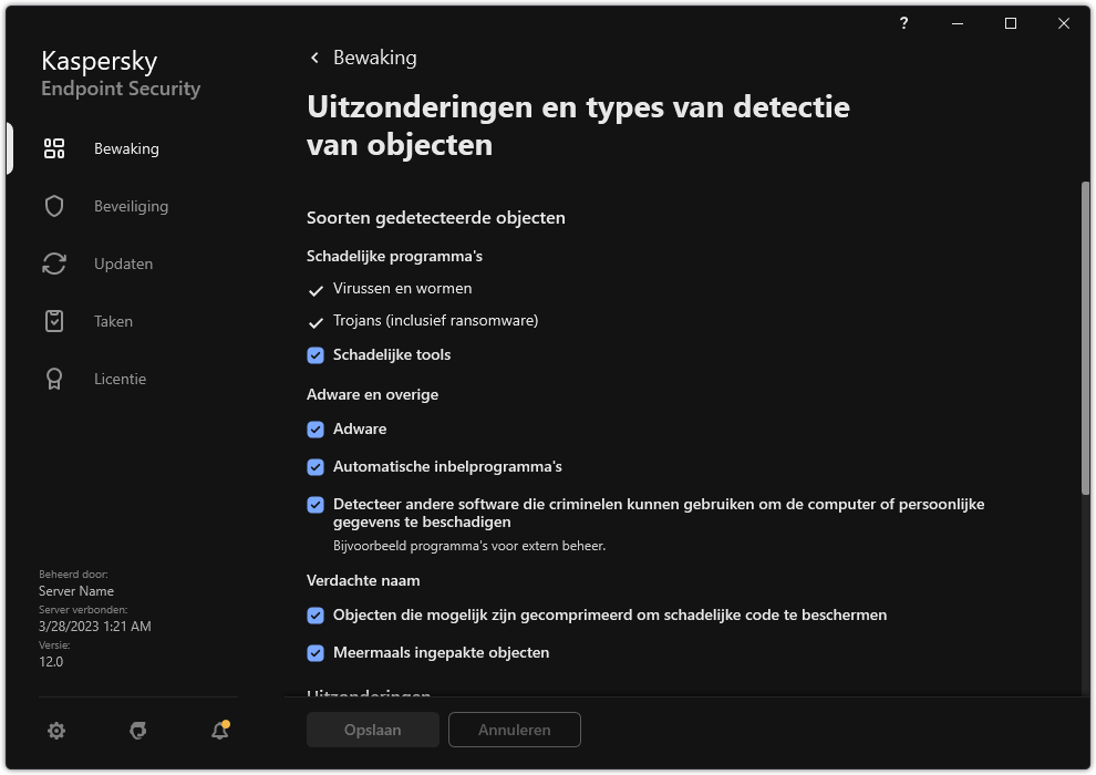 Venster instellingen voor uitzonderingen. De gebruiker kan soorten detecteerbare objecten selecteren en objecten toevoegen aan uitzonderingen.