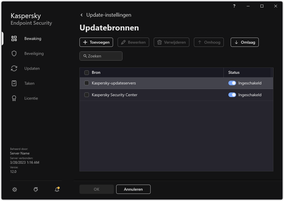 Een venster met de lijst met updatebronnen. De gebruiker kan updatebronnen toevoegen en een prioriteit aan de bron toewijzen.