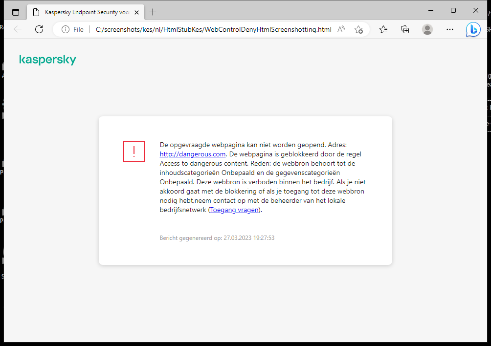 Kaspersky-melding over het blokkeren van de toegang tot de webpagina in het browservenster. De gebruiker kan een verzoek maken om de webbron te openen.