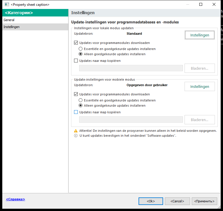 Het venster Instellingen van updatetaak. De gebruiker kan de update configureren in lokale en mobiele modus.