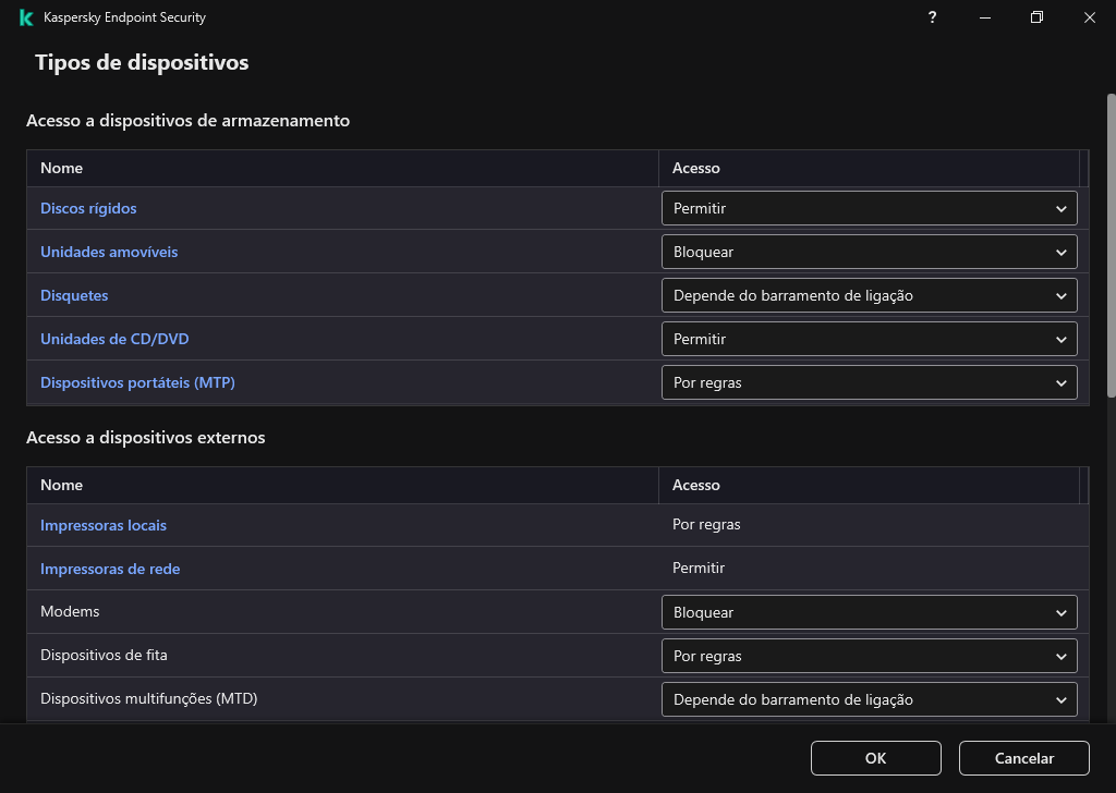 Janela para configurar o acesso aos dispositivos. O utilizador pode configurar o acesso aos dispositivos e definir parâmetros de acesso adicionais, como o agendamento de acesso.