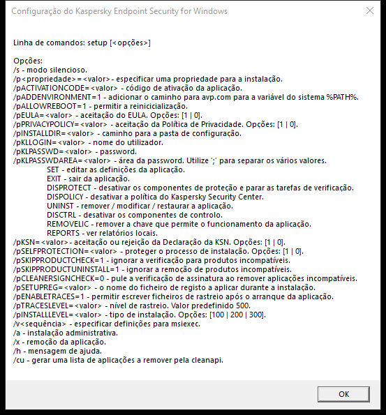Janela a descrever as opções de comando para instalar a aplicação via CMD.