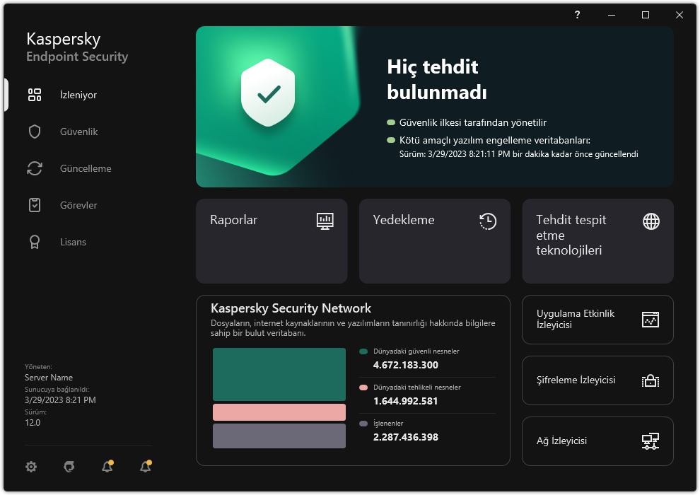 Ana uygulama penceresi, bilgisayar güvenliği izleme ve uygulama kontrolü için bölümler içerir.