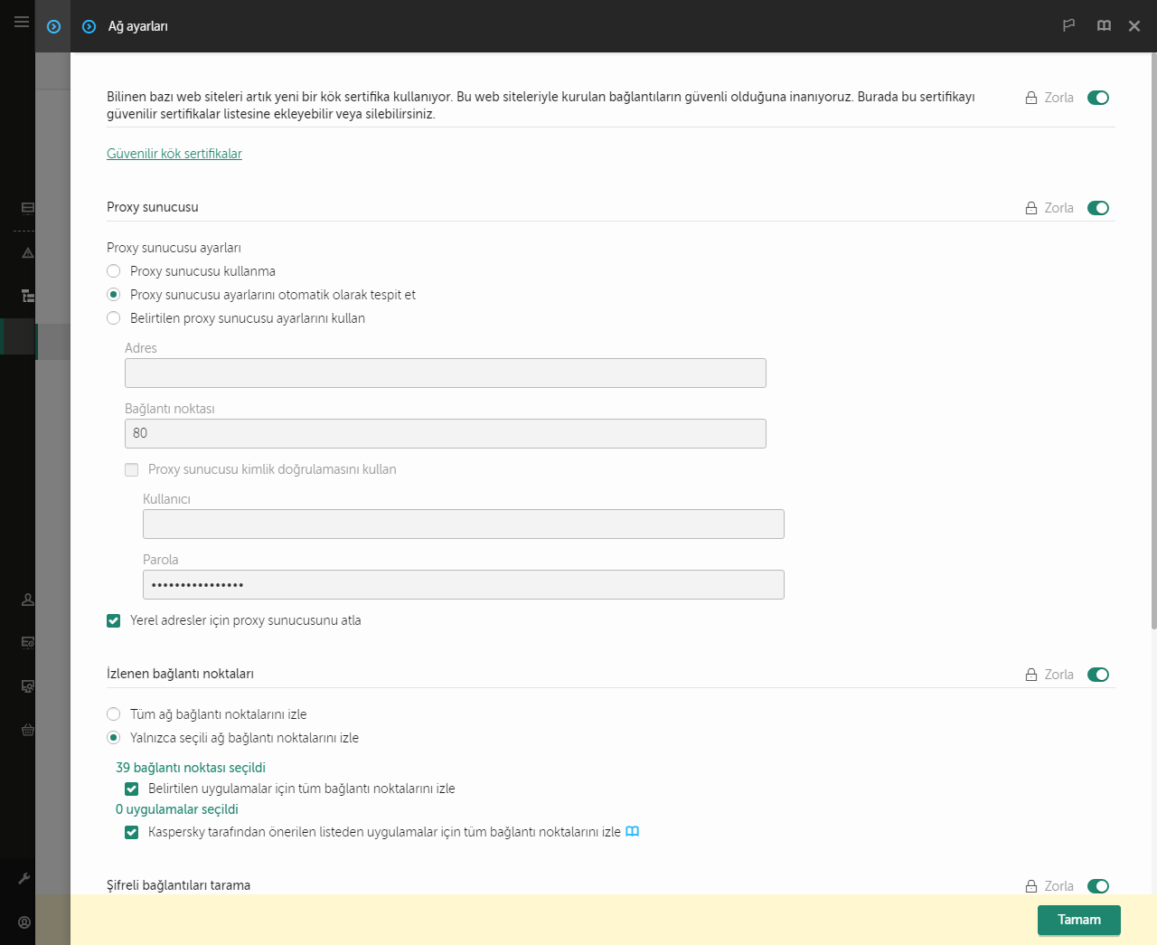 Uygulama ağ ayarları penceresi. Kullanıcı proxy sunucusu ayarlarını yapılandırabilir.