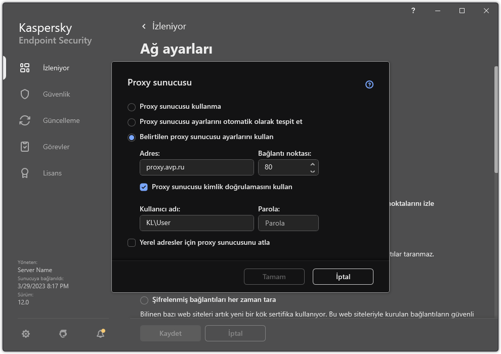 Proxy sunucusu bağlantısını yapılandırma penceresi. Kullanıcı, proxy sunucusunun adresini ve proxy sunucusuna bağlanmak için kimlik bilgilerini ayarlayabilir.