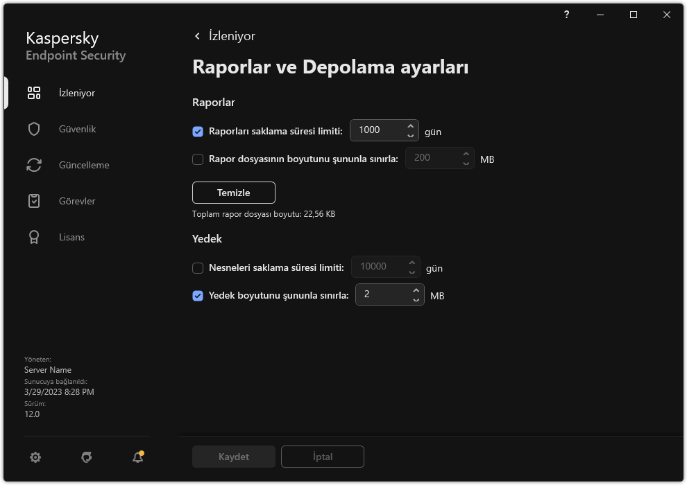 Raporlar ve Depolama ayarları penceresi. Kullanıcı, depodaki raporların ve nesnelerin boyutunu ayarlayabilir ve saklama süresini sınırlayabilir.