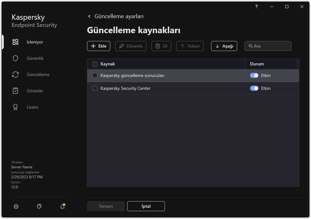 Güncelleme kaynaklarının listesini içeren bir pencere. Kullanıcı güncelleme kaynakları ekleyebilir ve kaynağa bir öncelik atayabilir.