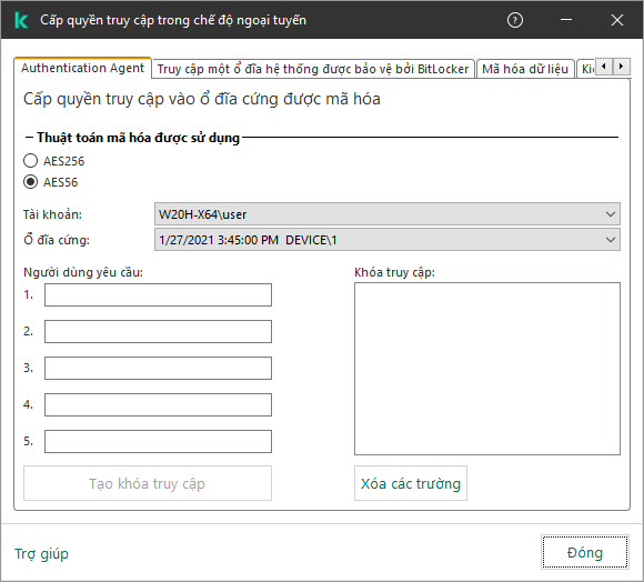 Một cửa sổ chứa các trường để nhập nội dung yêu cầu của người dùng và một trường dành cho khóa được tạo để truy cập ổ đĩa được mã hóa.