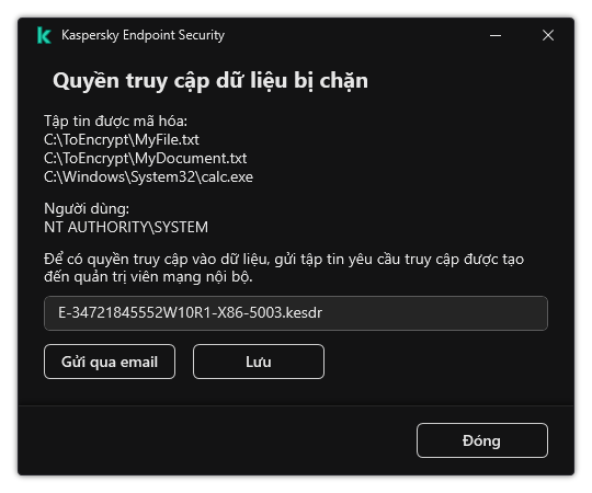 Một cửa sổ có tập tin yêu cầu truy cập dữ liệu được mã hóa. Người dùng có thể lưu tập tin đã tạo vào đĩa hoặc gửi tập tin qua email.