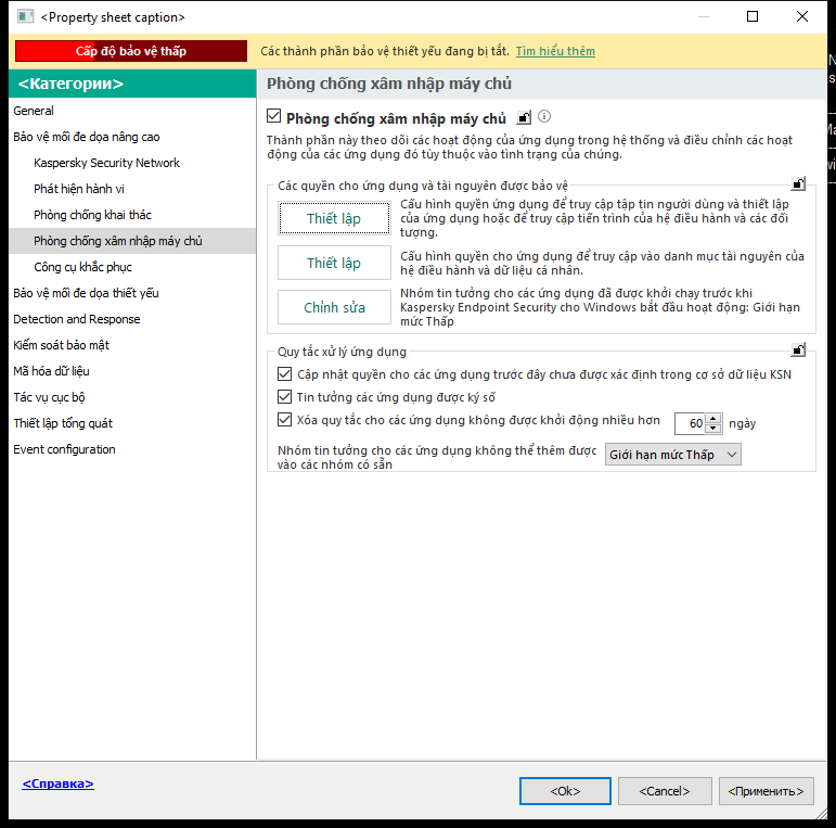 Cửa sổ thiết lập Phòng chống xâm nhập.