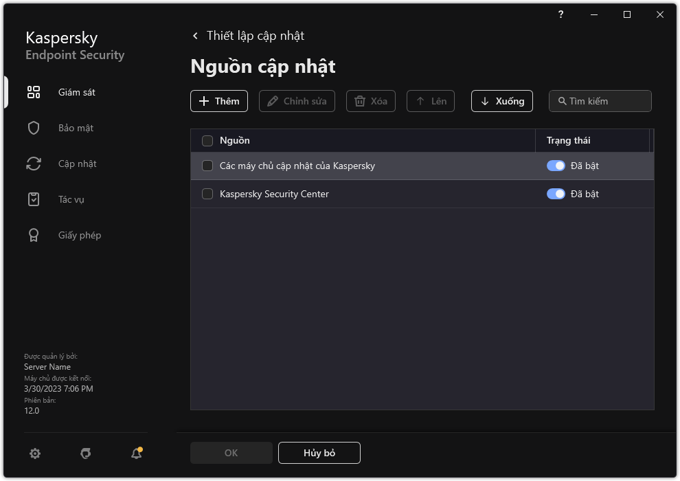 Một cửa sổ chứa danh sách các nguồn cập nhật. Người dùng có thể thêm các nguồn cập nhật và chỉ định mức độ ưu tiên cho nguồn đó.