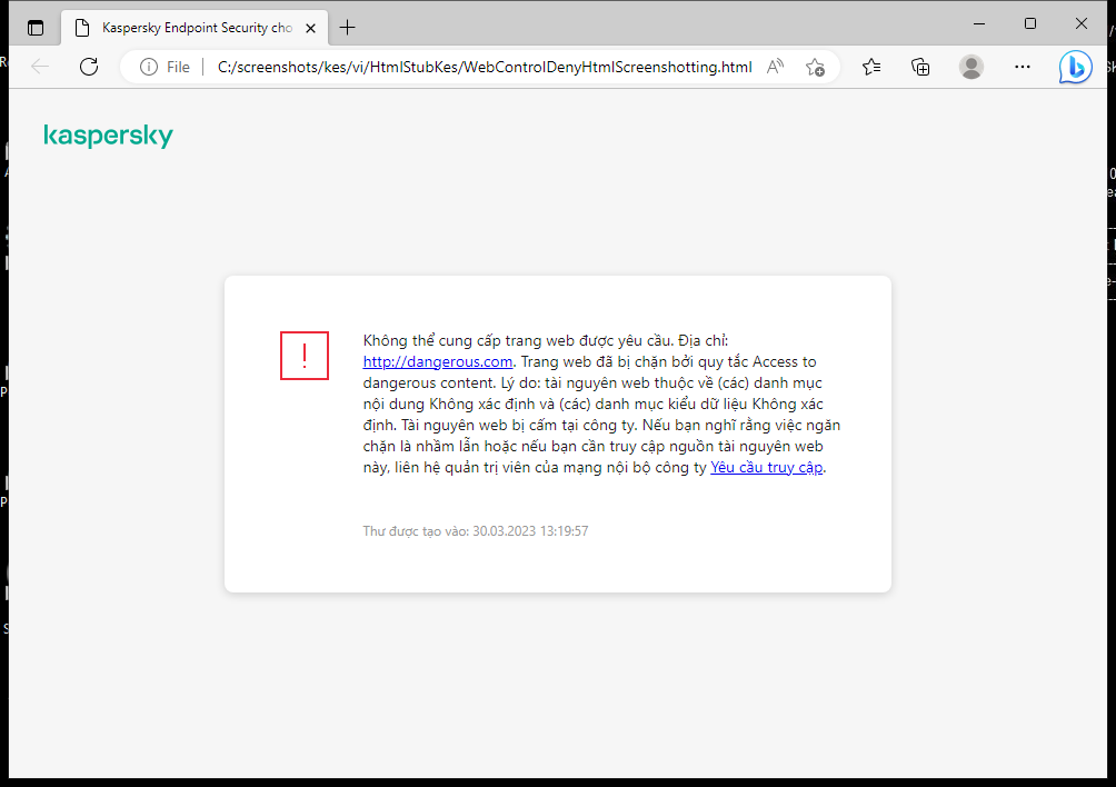 Thông báo của Kaspersky về việc chặn truy cập trang web trong cửa sổ trình duyệt. Người dùng có thể tạo một yêu cầu truy cập tài nguyên web.
