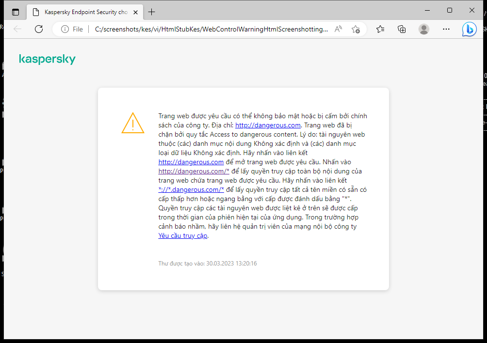 Thông báo của Kaspersky về việc truy cập một trang web có thể không bảo mật trong cửa sổ trình duyệt. Người dùng có thể tạo một yêu cầu truy cập tài nguyên web.