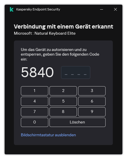 Das Fenster mit dem Tastatur-Autorisierungscode und der Bildschirmtastatur. Der Benutzer kann den Code eingeben.