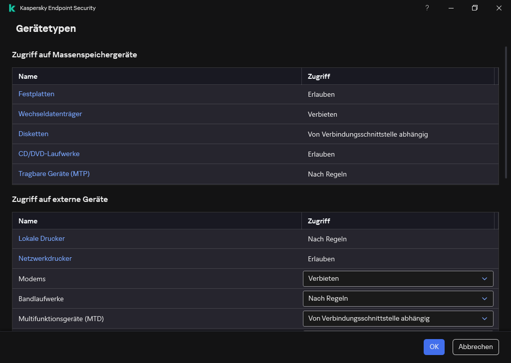 Fenster zum Konfigurieren des Zugriffs auf Geräte. Der Benutzer kann den Zugriff auf Geräte konfigurieren und zusätzliche Zugriffseinstellungen festlegen, z. B. einen Zugriffszeitplan.
