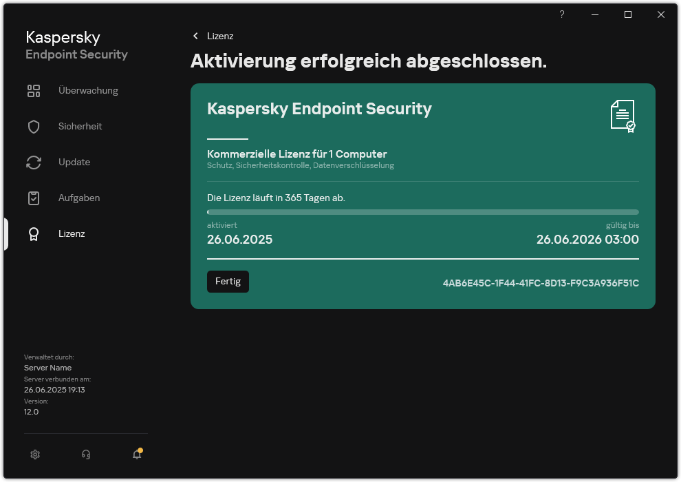 Das Fenster enthält Informationen über die Lizenz: Ablaufdatum, verfügbare Funktionen und andere Informationen.