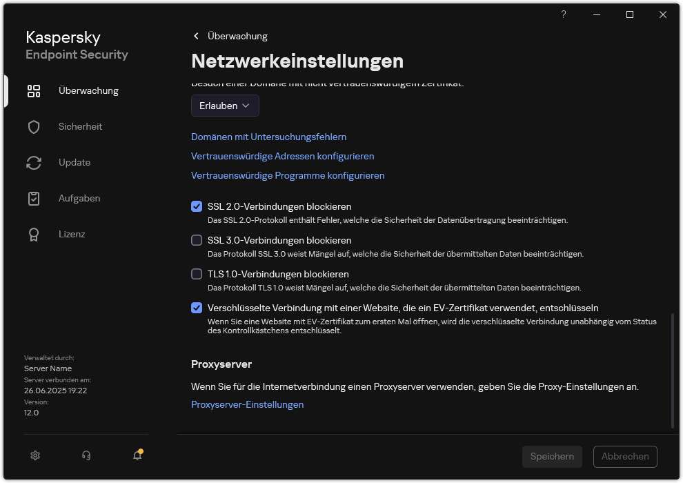 Fenster mit den Netzwerkeinstellungen für die App.